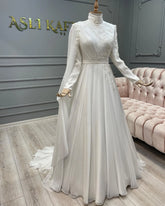Elegant Muslim Long Sleeve Bridal Dress A-Line Chiffon Lace France Wedding Gown New High Neck Appliques Vestidos De Novia